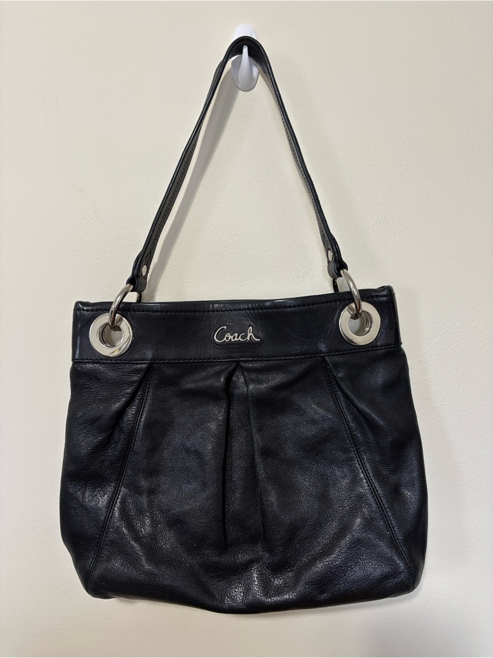 Coach Ashley Hippie Authentic Black Leather Shoulder Tote with Silver F17605